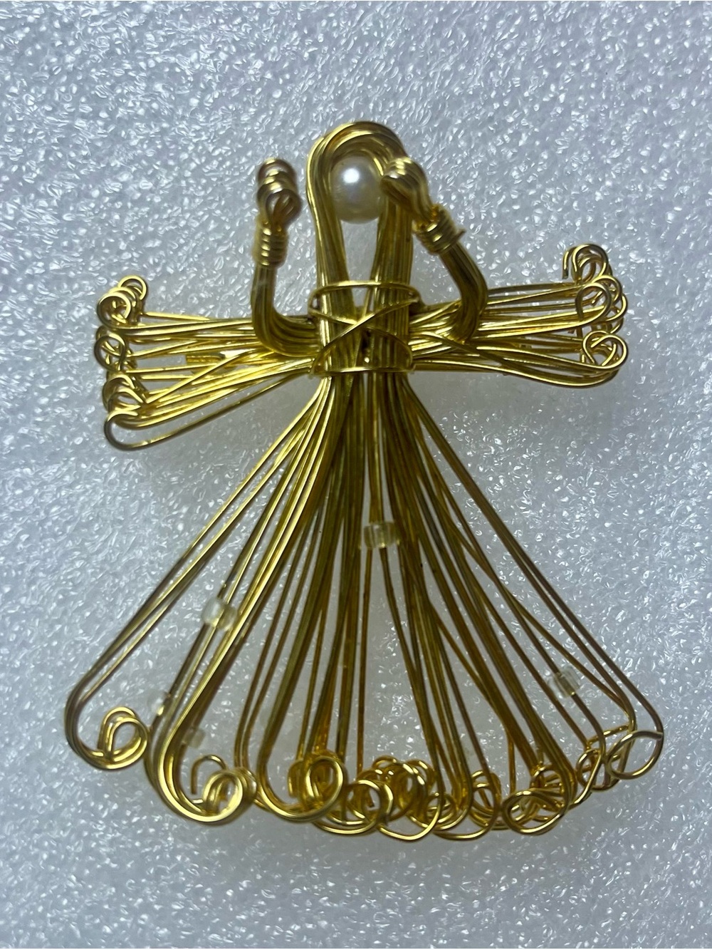 Vintage Wire Angel Brooch Pin Gold Tone Sliding Beads Pearl Christmas
